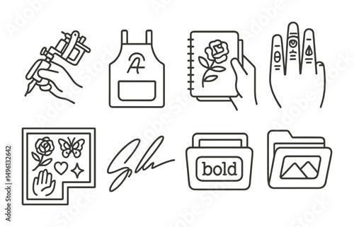 Line style icons of tattoo artist identity: hand holding machine, artist logo on apron, sketchbook in hand, inked fingers icon, creative flash wall, artist’s name signature, preferred style tag,