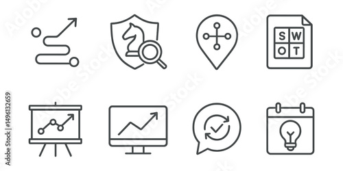 Line style icons of business strategy: long-term plan icon, competitor analysis badge, positioning map tag, SWOT analysis file, marketing strategy board, performance chart, strategic review bubble,