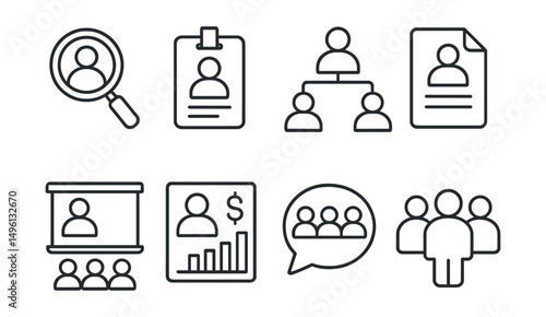 Line style icons of human resources: recruitment icon, employee badge, team management tag, interview file, training board, payroll chart, staff roster bubble, workforce symbol.