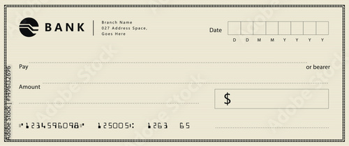 Bank check, vector blank money cheque, checkbook template with guilloche pattern and fields. Currency payment coupon, money check background