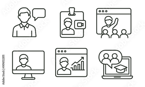 Line style icons of virtual training tools: digital instructor icon, video conference badge, virtual classroom tag, webinar session file, remote learning board, e-learning chart, online collaboration