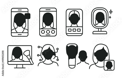 Line style icons of digital beauty tools: virtual try-on phone, beauty app interface, face mapping tool, smart mirror icon, online shade finder, AI makeup advisor, skin scanner sketch, filter + real