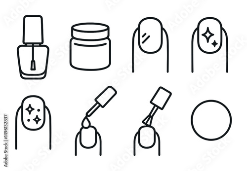 Line style icons of nail polish and finishes: nail polish bottle, top coat jar, matte finish icon, shimmer polish icon, glitter coat icon, quick-dry dropper, base coat brush, polish swatch circle.
