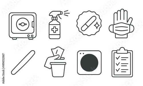 Line style icons of safety and hygiene in nail care: sterilizer machine, disinfectant spray, clean file badge, glove + mask icon, single-use buffer, wipe and bin symbol, nail dust vacuum, hygiene