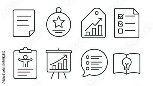 Line style icons of coaching tools: worksheet icon, reflection prompt badge, progress tracker tag, task list file, exercise sheet board, goal chart, planning template bubble, coaching resource symbol