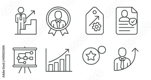 Line style icons of professional growth mentorship: career advancement icon, leadership coaching badge, skill upgrade tag, mentorship feedback file, career roadmap board, professional development