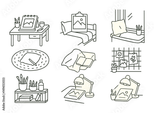 Line style icons of cozy home art spaces: desk with sketchpad, bed + clipboard setup, window seat with pencils, rug and drawing cushion, blanket and journal corner, wall grid with doodles, shelf of
