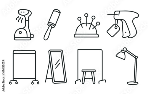 Line style icons of stylist workspace and tools: garment steamer, lint roller, pin cushion icon, clothing tag gun, portable clothes rack, folding mirror, stool and rack setup, lighting lamp icon.