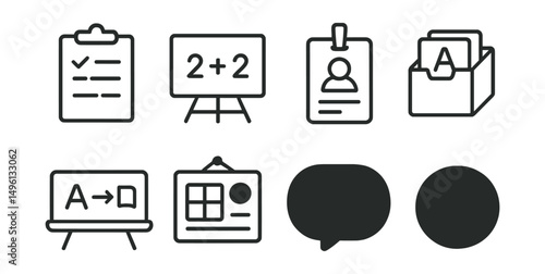 Line style icons of teaching tools: lesson plan icon, whiteboard badge, teaching assistant tag, flashcards file, teacher’s guide board, classroom activity chart, classroom tools bubble, instruction
