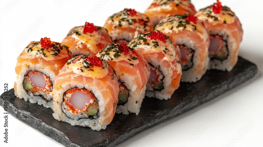 Close-up of elegant tuna sushi rolls arranged on a dark slate plate, set against a bright white blurred background—symbolizing precision, freshness, luxury, and refined culinary artistry.
Close-up of elegant tuna sushi rolls arranged on a dark slate plate, set against a bright white blurred background—symbolizing precision, freshness, luxury, and refined culinary artistry.