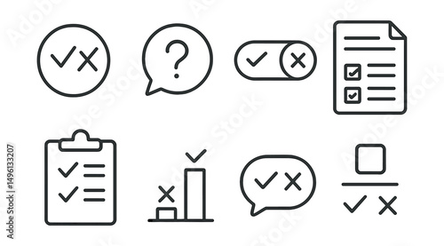 Line style icons of true/false tests: true/false icon, question statement badge, answer toggle tag, test options file, response sheet board, quiz chart, true/false answer bubble, simple test symbol.