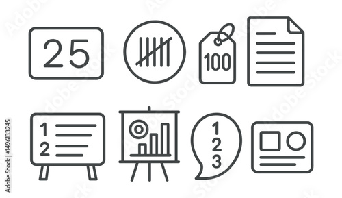 Line style icons of scoreboards: points icon, tally board badge, score counter tag, score sheet file, leaderboard board, total points chart, ranking bubble, results display symbol.