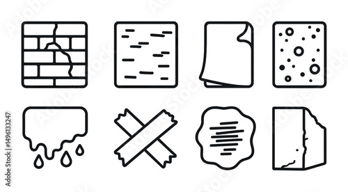 Line style icons of wall texture and wear: cracked brick icon, faded paint surface, peeling sticker layer, rusted metal zone, moisture drip patch, old tape marks, cement smudge, weathered corner edge