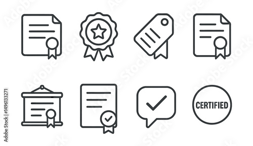 Line style icons of test certificates: certificate icon, awarded badge, course completion tag, qualification file, diploma board, certification chart, result confirmation bubble, certified symbol.