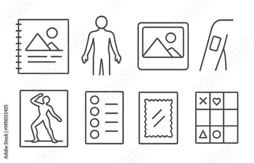 Line style icons of creative prep and layout: design sketch page, body map for planning, reference photo frame, sample patch on arm, pose and layout sketch, color palette test, style trial on paper,