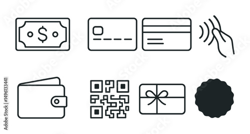 Line style icons of payment methods: cash icon, debit card, credit card, contactless pay symbol, e-wallet, QR code scan, gift card icon, BNPL (buy now pay later) badge.