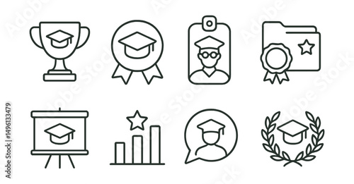 Line style icons of academic awards: academic trophy icon, scholar badge, honor student tag, study excellence file, academic achievement board, research prize chart, top student bubble, educational