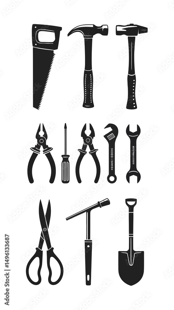 collection of various hand tools is depicted in a black silhouette style, showcasing essential items like a saw, hammer, and pliers collection of various hand tools is depicted in a black silhouette style, showcasing essential items like a saw, hammer, and pliers