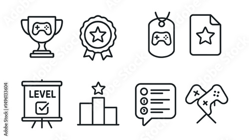 Line style icons of gaming trophies: video game trophy icon, high score badge, gaming champion tag, gaming achievement file, level completion board, gaming ranking chart, leaderboard bubble,