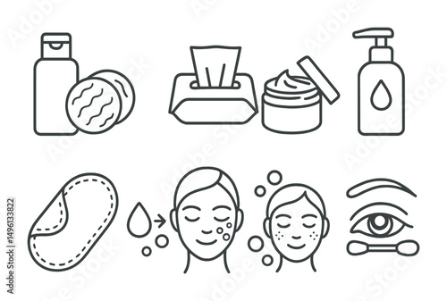 Line style icons of makeup removal: cotton pad + micellar bottle, makeup wipe icon, cleansing balm jar, oil remover bottle, reusable cloth patch, double cleanse diagram, face wash bubbles, eye makeup