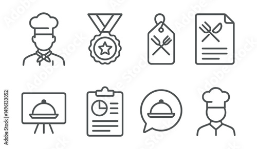 Line style icons of cooking competitions: chef icon, cooking contest badge, recipe challenge tag, culinary competition file, dish presentation board, food challenge chart, competition dish bubble,