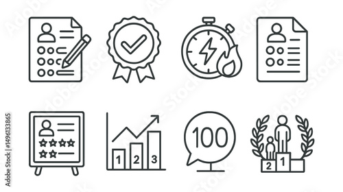 Line style icons of competitive exams: entrance exam icon, standardized test badge, timed challenge tag, exam paper file, evaluation board, ranking chart, final score bubble, academic competition