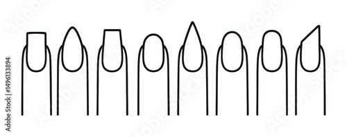 Line style icons of nail shapes: square tip, almond shape, coffin nail, round nail, stiletto shape, oval tip, ballerina nail, edge nail outline.