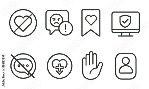 Line style icons of emotional safety online: block hate icon, report bullying bubble, supportive message tag, mute toxic thread icon, safe zone online icon, mental health first badge, de-escalation