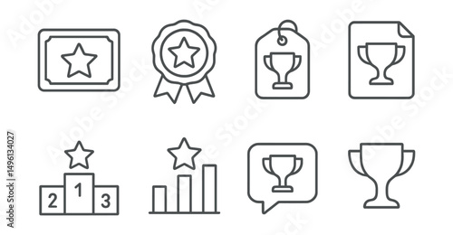 Line style icons of tournament awards: winner’s plaque icon, award ribbon badge, competition cup tag, victory prize file, medal ceremony board, top prize chart, award presentation bubble, trophy