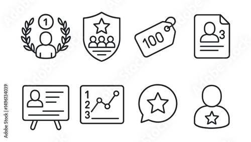 Line style icons of player rankings: player rank icon, leaderboard badge, gaming score tag, competitive position file, player stats board, ranking chart, top scorer bubble, player achievement symbol.