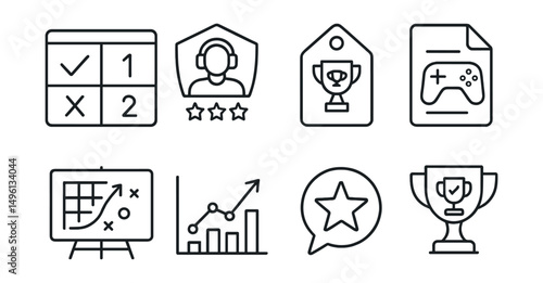 Line style icons of esports performance: match results icon, player stats badge, tournament performance tag, gaming scores file, event analysis board, progress chart, victory bubble, esports success