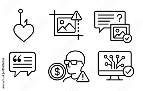 Line style icons of media manipulation techniques: emotional bait symbol, cropped image alert, misleading caption icon, selective edit badge, out-of-context quote, paid opinion marker, fake expert