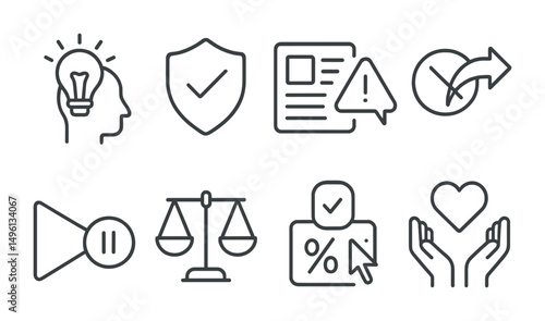 Line style icons of ethical sharing: think before you share icon, news source verification tag, rumor alert badge, viral but false icon, “pause and check” symbol, source credibility scale, resharing