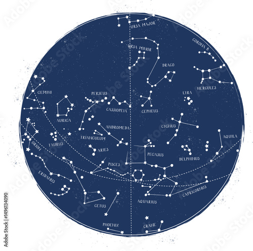 Vintage-style star map illustration of the northern celestial hemisphere. Ideal for astronomy, navigation, skywatching, and symbolic themes like mystery, destiny, orientation and the infinite universe