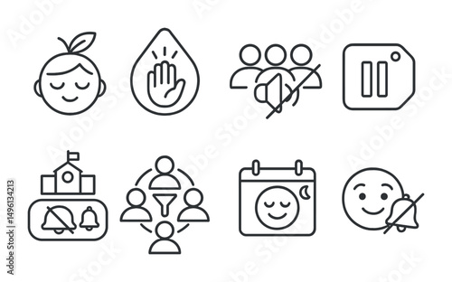 Line style icons of teen-friendly alert design: calm tone icon, no pressure badge, social group mute icon, pause before post tag, school hours silence toggle, friend circle ping filter, weekend chill