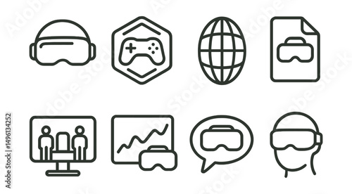 Line style icons of virtual gaming: VR headset icon, immersive game badge, virtual world tag, digital reality file, virtual arena board, immersive experience chart, VR gameplay bubble, virtual