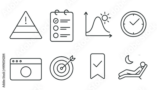 Line style icons of time management for clarity: task priority pyramid, plan your day card, energy peak chart, task time ring, single focus window, “one block” goal icon, finish before scroll tag,