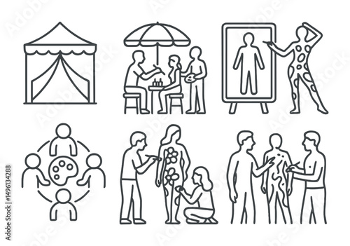 Line style icons of body art events and communities: open studio tent icon, festival body paint station, workshop in progress frame, artist painting model, model posing in paint, group paint share