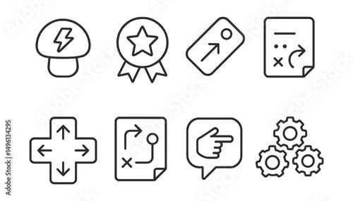 Line style icons of game mechanics: power-up icon, bonus badge, skill upgrade tag, combo move file, movement control board, attack sequence chart, interaction bubble, gameplay mechanic symbol.