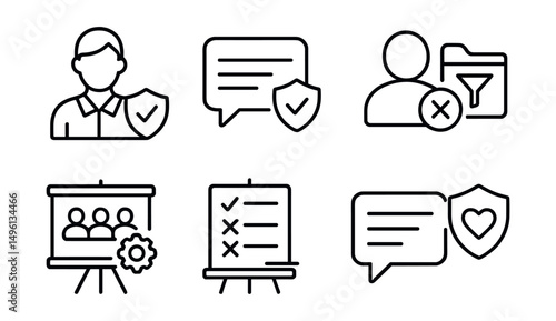 Line style icons of stream moderation: moderator icon, chat control badge, block user tag, content filtering file, viewer management board, chat rules chart, chat moderation bubble, community safety