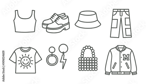 Line style icons of youth fashion trends: crop top, platform shoes, bucket hat, patchwork jeans, graphic tee, neon accessories, beaded bag, varsity jacket.