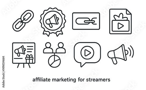 Line style icons of affiliate marketing for streamers: affiliate link icon, promotional badge, sponsor tag, product placement file, affiliate offer board, partnership chart, stream promo bubble,