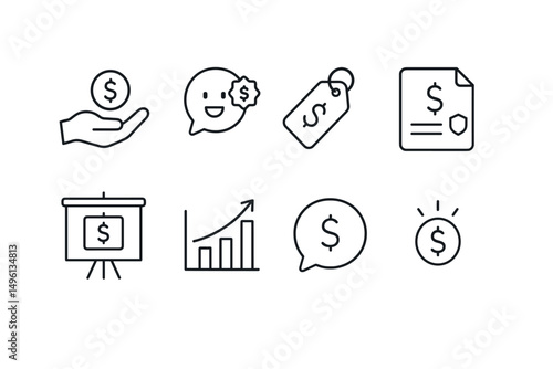 Line style icons of monetization: donation icon, superchat badge, subscription tag, sponsorship file, ad revenue board, paid content chart, stream monetization bubble, earning symbol.