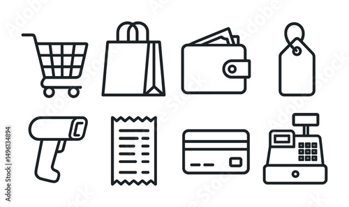 Line style icons of shopping basics: shopping cart, paper bag, wallet with cash, price tag, barcode scanner, receipt, credit card, cash register.