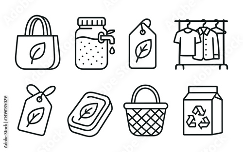 Line style icons of eco-conscious shopping: reusable bag, bulk refill jar, eco label, secondhand clothing rack, thrift store tag, natural material item, zero waste basket, recyclable packaging.