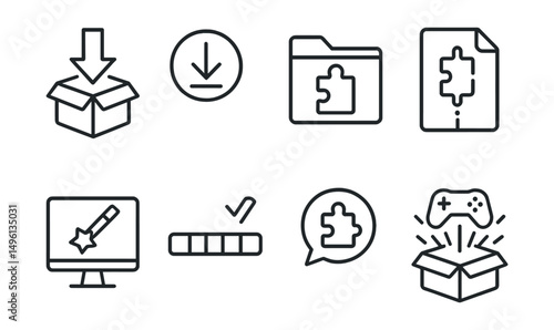 Line style icons of mod installations: install icon, mod download badge, game folder tag, file extraction file, setup wizard board, installation progress chart, mod ready bubble, game install symbol.