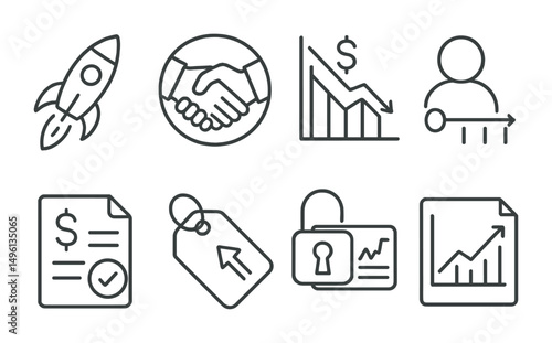 Line style icons of exit strategies: IPO launch icon, M&A deal badge, asset liquidation chart, founder exit timeline, return calculation file, exit offer tag, stock lock-up icon, exit valuation sheet