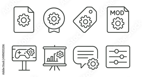 Line style icons of mod configuration: config file icon, settings badge, preferences tag, mod config file, game setting board, mod preferences chart, configuration options bubble, settings panel
