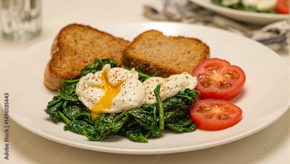 Nutritious breakfast plate featuring poached eggs spinach tomatoes and toast on a pristine white dish A harmonious start to the day Nutritious breakfast plate featuring poached eggs spinach tomatoes and toast on a pristine white dish A harmonious start to the day