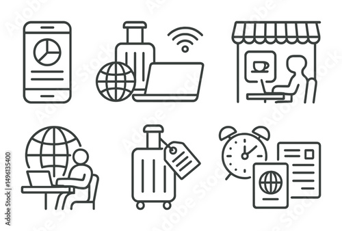 Line style icons of freelancing on the go: mobile work screen, travel + laptop icon, cafe with Wi-Fi badge, freelancer on train, coworking abroad symbol, luggage + files tag, timezone meeting alert,
